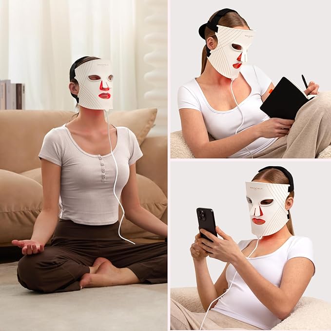 wavytalk Red Light Therapy Mask for Face, Glow Time LED Face Mask Light Therapy for Anti-Fine Line, Acne Treatment, and Skin Rejuvenation with Red, Near-Infrared Light, Blue and Amber Light Therapy
