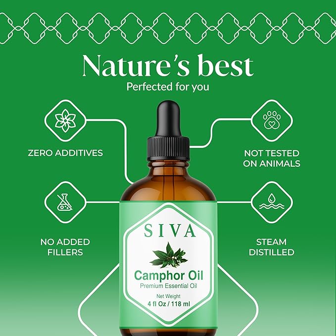 Siva Camphor Essential Oil - 4 Fl Oz – 100% Natural Camphor Oil - for Diffuser, Face, Skin Care, Aromatherapy, Hair Care, Scalp and Body Massage - with Dropper