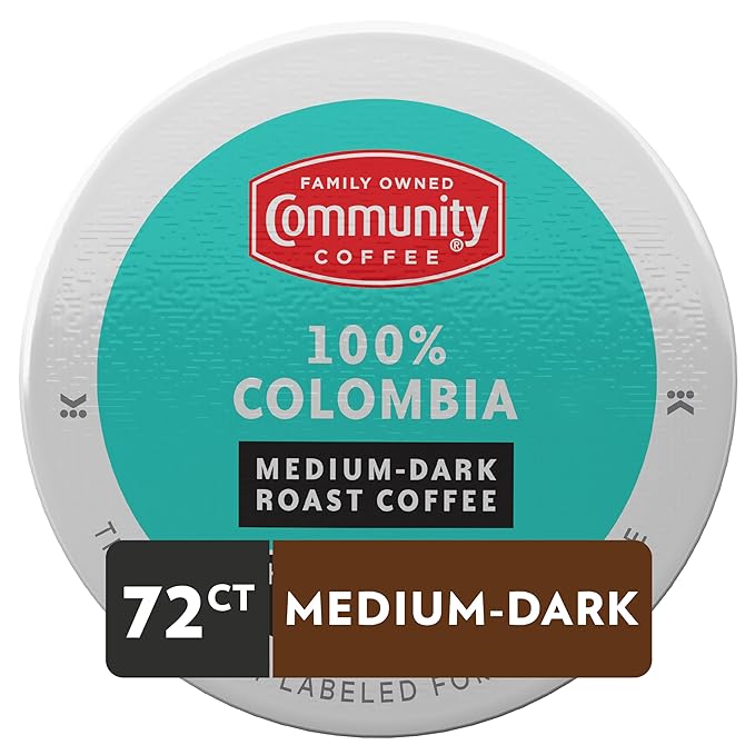Community Coffee 100% Colombia 72 Count Coffee Pods, Medium Dark Roast, Compatible with Keurig 2.0 K-cup Brewers, 12 Count (Pack of 6)