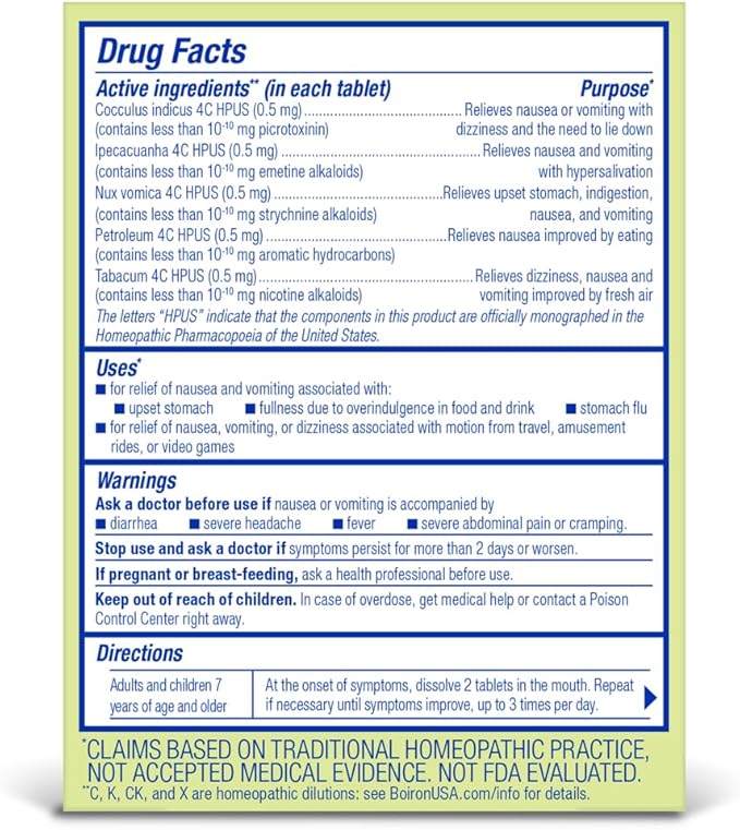 Boiron NauseaCalm Tabs - 100 Count - Relief for Upset Stomach, Nausea, and Vomiting Due to Stomach Flu, Overindulgence, or Motion Sickness - Non-Drowsy Nausea Calm Meltaway Tablets