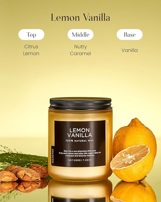 M&SENSE Lemon Vanilla Scented Slow Burning Candles for Home Scented, All Natural Soy Candles 7.05oz 50 Hours Slow Burning in Glass Jar, Stress Relief Gifts for Women and Men