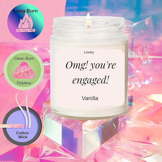 OMG, You're Engaged, Vanilla Scented Soy Wax Candle for Home, Engagement Gift, 9oz Clear Jar, 50 Hour Burn Time, Fiance Gifts for Women, Engagement Gifts for Couples
