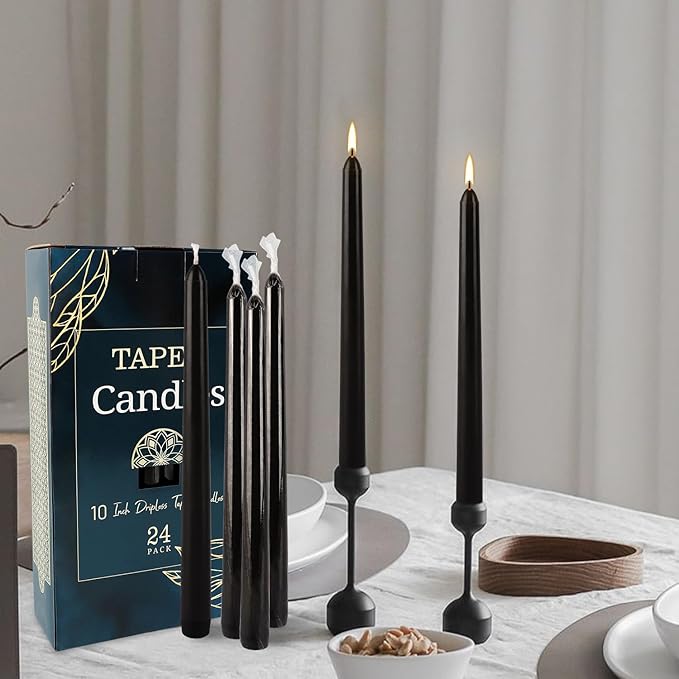 24 Pack Black Taper Candles, 7-8 Hours Burn Time, Unscented, Smokeless and Dripless, 10 Inch Dinner Candle Set for Household, Wedding, Party and Home Décor Candlesticks.