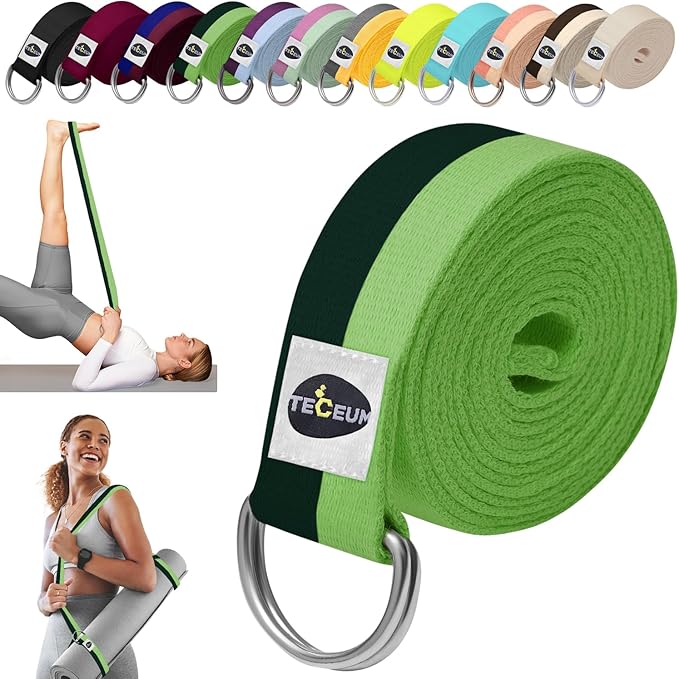 TECEUM Yoga Strap & Mat Strap – 2 IN 1 – Cotton – 6 ft 8 ft 10 ft (30+ colors) – Adjustable Non-Slip Belt for Yoga, Pilates, Stretching, Physical Therapy, Fitness & Home Workout – For Carrying Mats