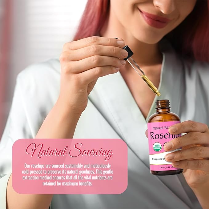 Natural Riches Organic Rosehip Seed Oil for Face 100% Pure Natural Cold Pressed Unrefined Non-GMO Carrier Oil for Skin Hair & Nails. 4 fl oz.