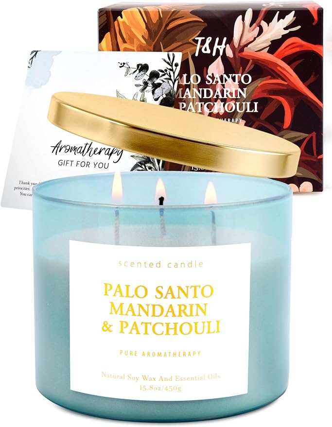 Palo Santo Mandarin Patchouli 3 Wick Candle - Large Soy Scented Candle 15.8 oz - Calming Home Aromatherapy Candle for Women & Men - Long Lasting Clean Burn - Stress Relief Candle