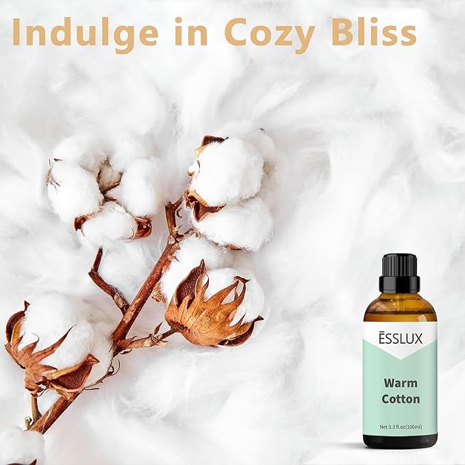 Warm Cotton Fragrance Oil, ESSLUX Large Single Scented Oils 100 ml (3.3 oz), Fresh Clean Aromatherapy Essential Oils for Home for Diffuser, Massage, Soap, Candle Making Scents