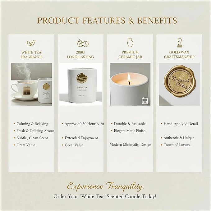 Scented Luxury Candles -White Tea-Aromatherapy Jar Candles for Relaxation & Sleep -7 oz- 45 Hours Clean Burn-Hand-Cast -100% Natural Soy Wax-Valentine’s Day Gift