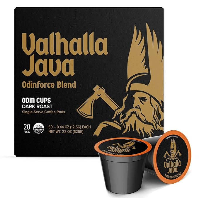 Death Wish Coffee, Valhalla Java Single Serve Pods - Extra Kick of Caffeine - Dark Roast Coffee Pods - Made with USDA Certified Organic Fair Trade Arabica and Robusta Beans (20 Count)