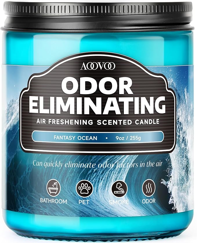 AOOVOO Fantasy Ocean Odor Eliminating Highly Fragranced Candle - Eliminates 95% of Pet, Smoke, Food, and Other Smells Quickly, Air Freshing Soy Candle, 9 oz Up to 50 Hours Burn time