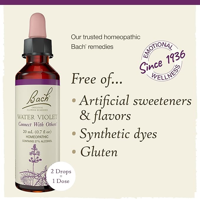 Bach Original Flower Remedies, Water Violet - Connect with Others - Natural Homeopathic Flower Essence for Emotional Balance - Vegan, Gluten Free, Sugar Free - 20mL Dropper