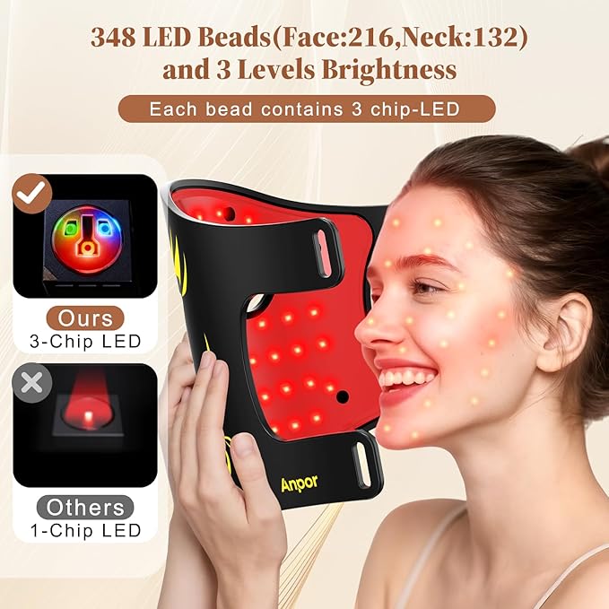 Red Light Therapy for Face and Neck Chest, Valentines Day Gifts, LED Face Mask Light Therapy, Rechargeable 2000mAh Red Light Mask with 348 LED Beads, 4 Modes, Timer for Home Skincare (Black)