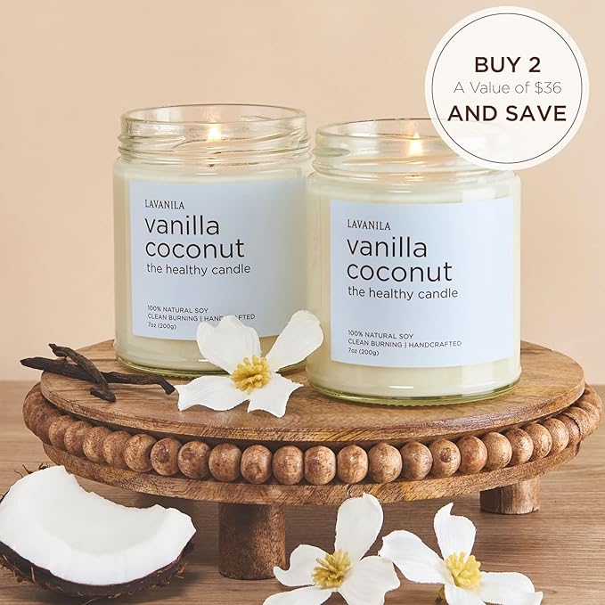 Lavanila Vanilla Coconut Scented Natural Soy Candle (2-Pack) - Handcrafted, Clean Burning 50 Hour Burn Time, 7 oz Each