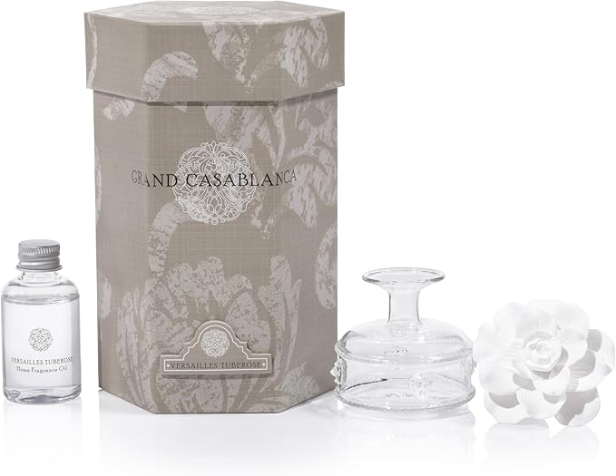 Zodax Grand Casablanca Reed Diffuser - Home Fragrance Oil Diffuser Ideal for Living Room, Bathroom, Office - Porcelain Flower Design - Gift Box Packaging Included - Versailles Tuberose - 1.69 Oz.