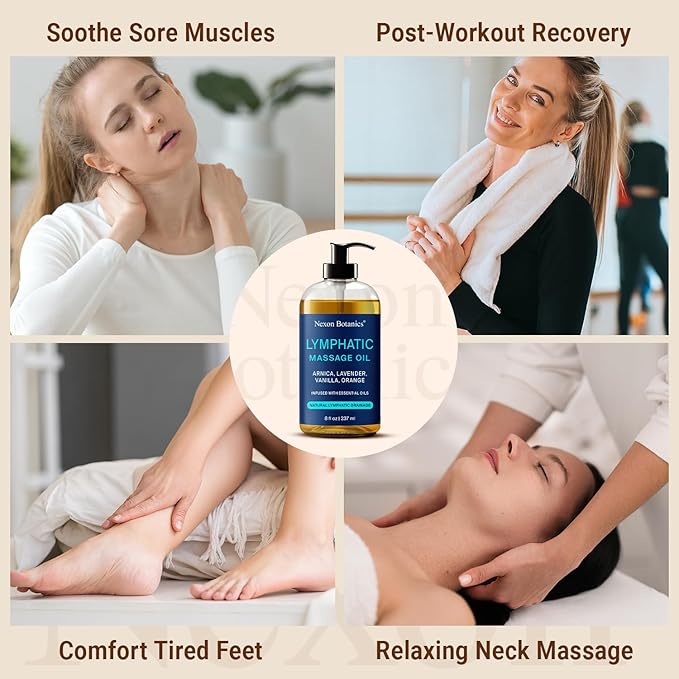 Lymphatic Drainage Massage Oil for Massage Therapy 8 fl oz - Refreshing and Relaxing - Natural Oils with Arnica, Vanilla and Lavender Oil - for Men and Women - Nexon Botanics