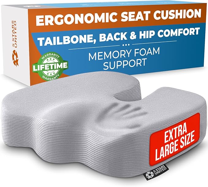 5 STARS UNITED Seat Cushion for Tailbone Pain Relief – Large Memory Foam Cushion for Coccyx, Hip, Sciatica & Post-Surgery Recovery – Wheelchair, Car, Desk, Gaming & Office Chairs, Light Gray