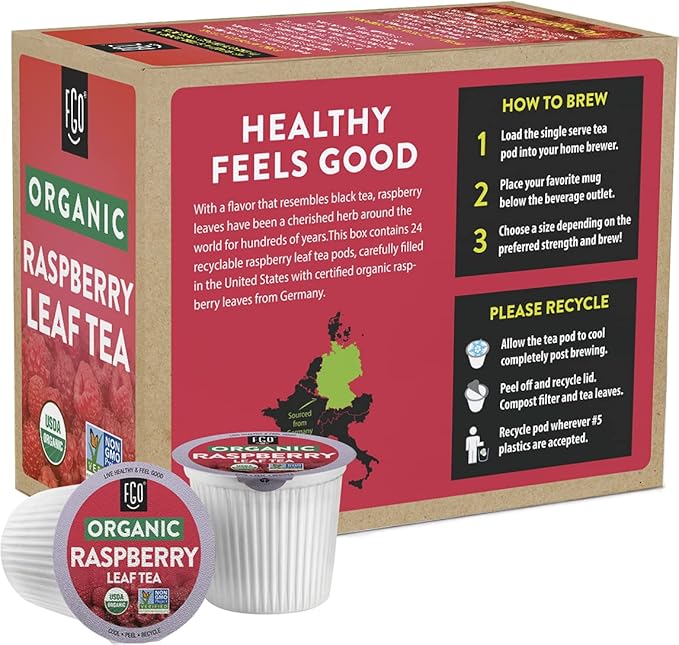 FGO Organic Raspberry Leaf Tea K-Cup Pods for Keurig, 24 Count (Pack of 1), Naturally Caffeine-Free Herbal Tea, USDA Organic, Non-GMO, & Recyclable