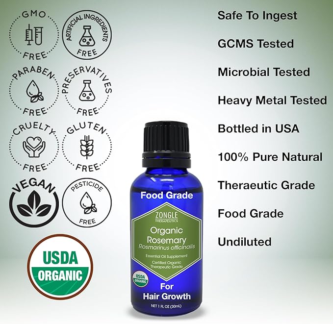 Organic, Rosemary Oil, Food Grade, for Hair, Growth – 100% Pure, Edible, Rosemary Essential Oil, by Zongle Therapeutics, 1 OZ