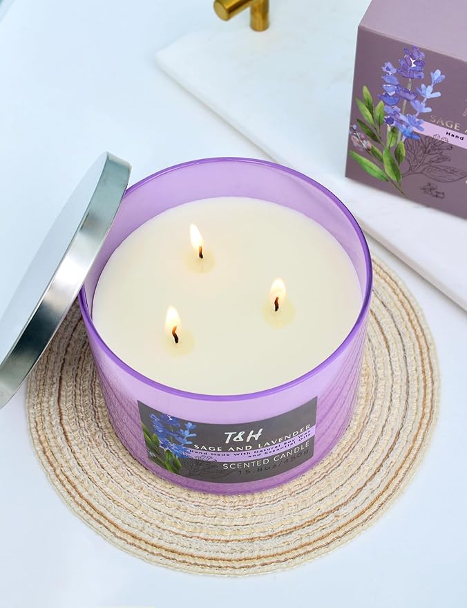 Sage Lavender Cedarwood 3 Wick Scented Soy Candle, 15.8 oz - Aromatherapy Stress Relief Candle - Clean Burning, Long Lasting, Earthy Scented Candle for Home, Men & Women