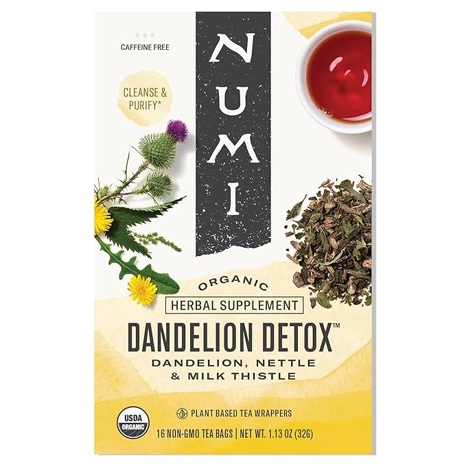 Numi Organic Dandelion Detox Herbal Tea - 16 Herbal Bags Caffeine‑Free Blend with Dandelion Root & Leaf Nettle Burdock Red Clover Milk Thistle Lemon Peel Cardamom & Lemon Myrtle for Gentle Cleanse