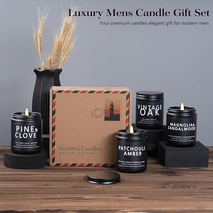 Candles for Men, 4 Pack Scented Candles, Gifts for Father Dad Day, 50 Hours Long Burning Soy Candles for Home Scented (Pine/Sandalwood/Patchouli/Oak)