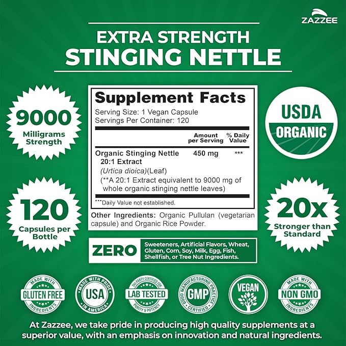Zazzee USDA Organic Stinging Nettle 20:1 Extract, 9000 mg Strength, 120 Vegan Capsules, 4 Month Supply, Concentrated, Standardized 20X Extract, Certified Organic, 100% Vegetarian, All-Natural, Non-GMO