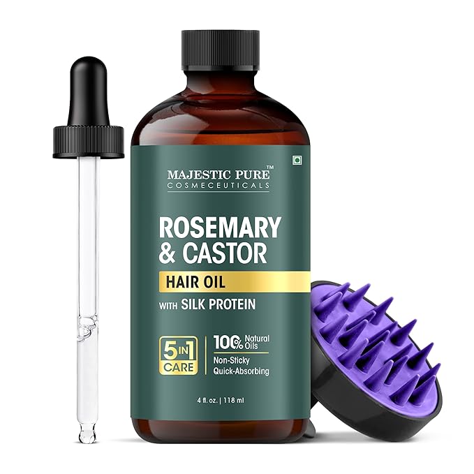 Majestic Pure 100% Pure Rosemary Oil For Hair Growth with Scalp Massager - Strengthening, Nourishing, Volumizing - Infused with Silk Protein & Castor Oil - Non GMO Verified - 4 Fl Oz
