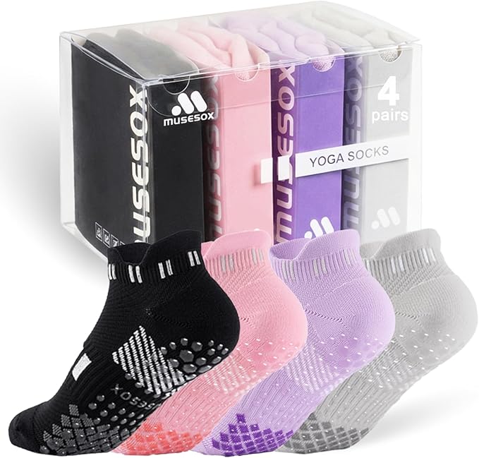 musesox 4 Pairs Non-Slip Pilates Socks for Women with grips,Grippy Ankle Socks for Yoga,Barre,Hospital,Gym,Dance