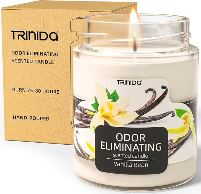 TRINIDa Vanilla Bean Odor Eliminating Candles for Home Scented, Eliminates 99% of Pet, Smoke, Food and Other Smell Quickly, Highly Fragranced Scented Candle, Premium Soy Candle Set for Women