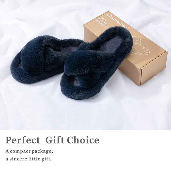 Chantomoo Women's Blue Memory Foam Faux Fur Lined Open Toe Slippers for Women - US 12