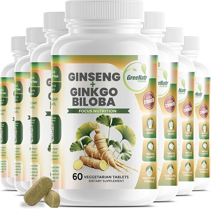 GreeNatr Ginko Biloba & Panax Ginseng Supplement - Red Ginseng Brain Supplement for Memory and Focus - Ginkgo Biloba Supplements for Good Vision, Immune System and Improved Blood Flow - 12 Bottles