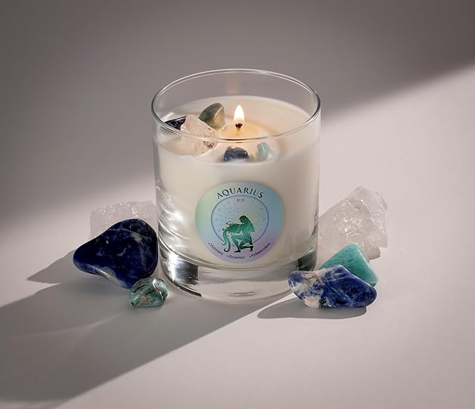 Luxury Glass Jar Candle, Aquarius Zodiac Sign, 8.8 oz - Crystal Infused - Scents of Lemongrass, Jasmine, Black Currant, & Sugar - USA Made, Coconut-Soy Wax, Essential Oil, Dr. Developed