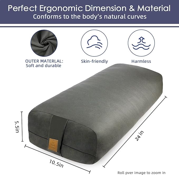 FelizMax Organic Buckwheat Bolster (24X10.5X5.5 in) Supportive Rectangular Meditation Pillow 100% Cotton Cover Yoga Pillow