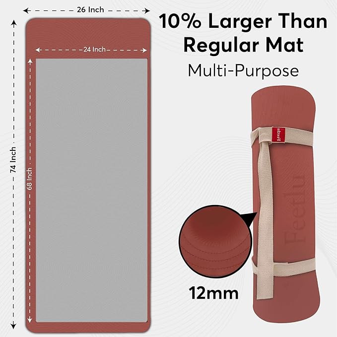Feetlu Extra Thick 12mm Exercise Mat – Non-Slip, Joint-Friendly & Cushioned Fitness Mat for Yoga, Pilates & Floor Workouts – Durable, Supportive & Includes Feetlu Classic Strap
