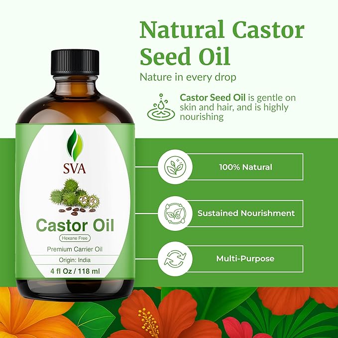 SVA Castor Seed Oil - 4 Fl Oz – 100% Natural Cold Pressed Castor Oil - for Face, Skin Care, Hair Care, Scalp Massage & Body Massage – Carrier Oil with Dropper