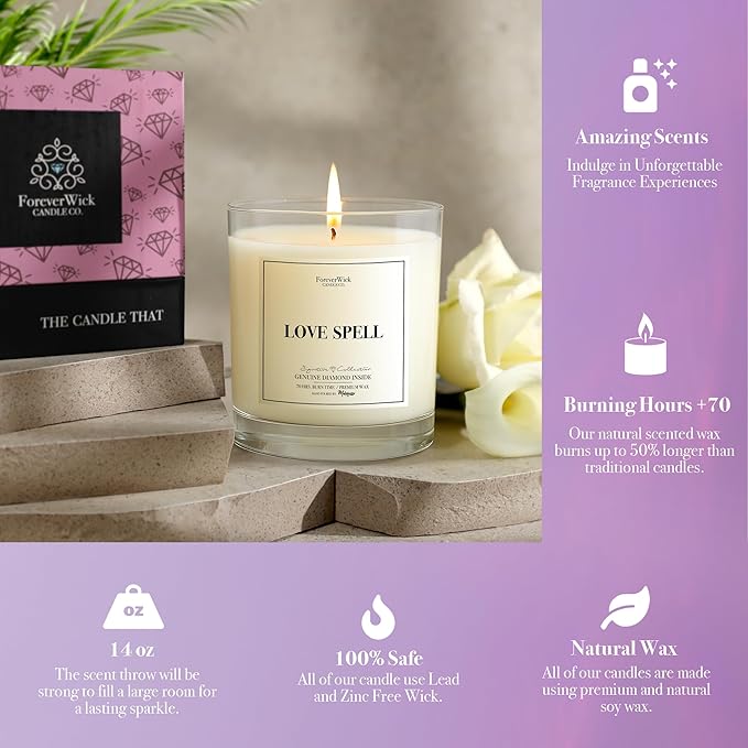 Love Spell Lush Fruit Surprise Candle with Diamond Inside | Foreverwick Candles | Scented Soy Candles Gifts for Women Aromatherapy Candle | Organic Soy Candle 14oz | 70h