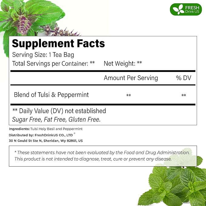 FreshDrinkUS, Premium Tulsi Peppermint Herbal – 30 Tea Bags, 100% Natural, Blend of Tulsi Holy Basil Leaves, and Peppermint Leaves. Made with Natural Material Tea Bags. No Sugar, Vegan.