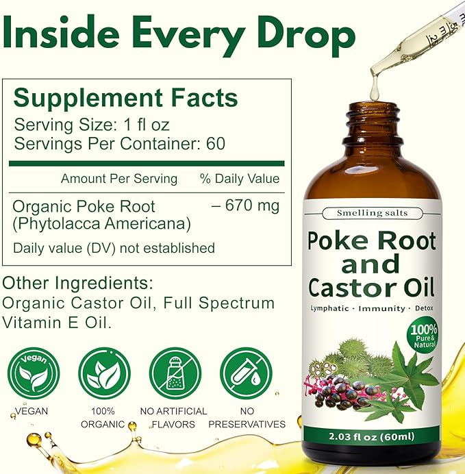 Poke Root and Castor Oil - 2 x 2 fl oz Poke Root Oil Organic with Vitamin E - Supports Swollen Lymph Nodes, Fibroids, Cysts, Boils, Breast and Joint Health