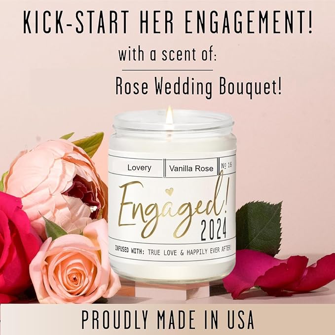 LOVERY Engagement Gift, Vanilla Rose Scented Soy Wax Candle, Engagement Gifts for Couples, Engaged 2024 Candle, Engagement Gifts for Her, Fiancé Gifts for Women, 50Hr Burn, White, Gold
