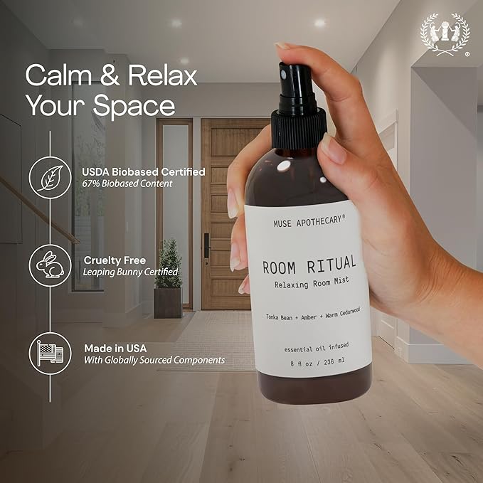 Muse Apothecary Room Ritual - Aromatic and Relaxing Room Mist, Infused with Natural Essential Oils - 4oz, Tonka Bean + Amber + Warm Cedarwood