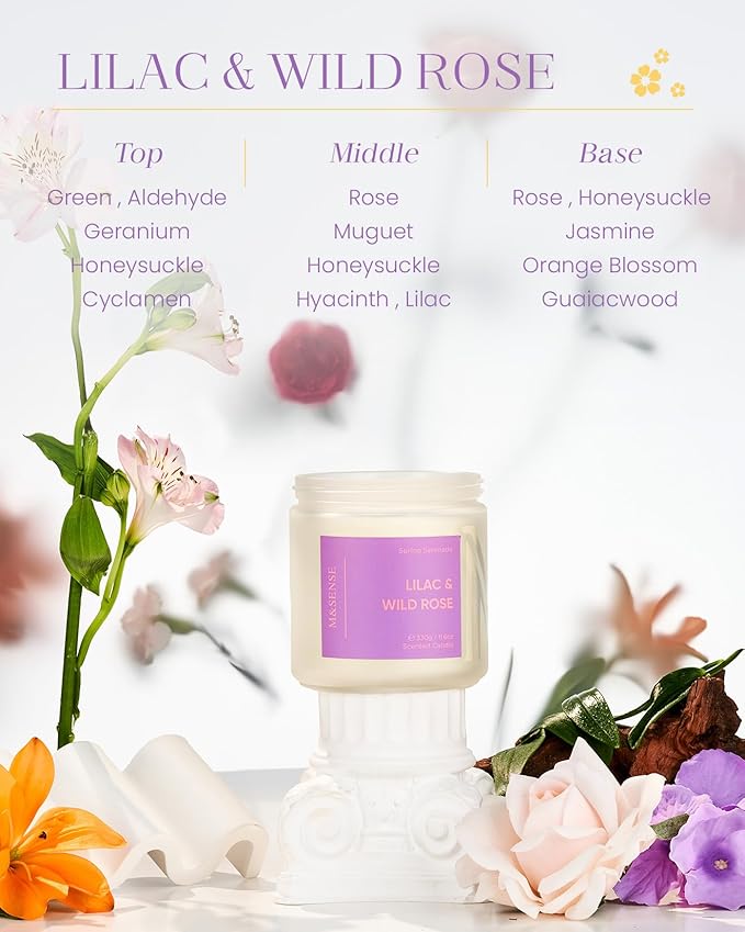 M&SENSE Lilac Wild Rose Scented Candle - 11.6oz Natural Soy Wax 70-Hour Long Lasting Burn Time Non Toxic, 2-Wick Aromatherapy Candle for Home Decor, Slow-Burning for Women