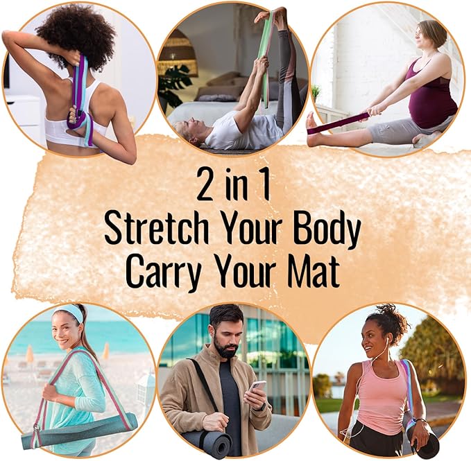 TECEUM Yoga Strap & Mat Strap – 2 IN 1 – Cotton – 6 ft 8 ft 10 ft (30+ colors) – Adjustable Non-Slip Belt for Yoga, Pilates, Stretching, Physical Therapy, Fitness & Home Workout – For Carrying Mats