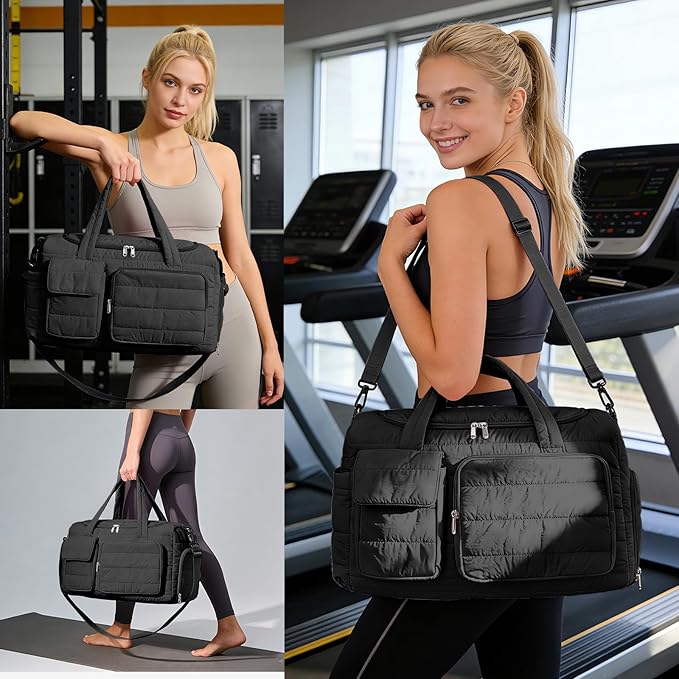 Gym Bag for Women, Cute Travel Duffel Bag with Shoe Compartment & Wet Pocket, Lightweight Puffer Weekender Overnight Bag, Travel Carry On for Sport, Hospital, Yoga