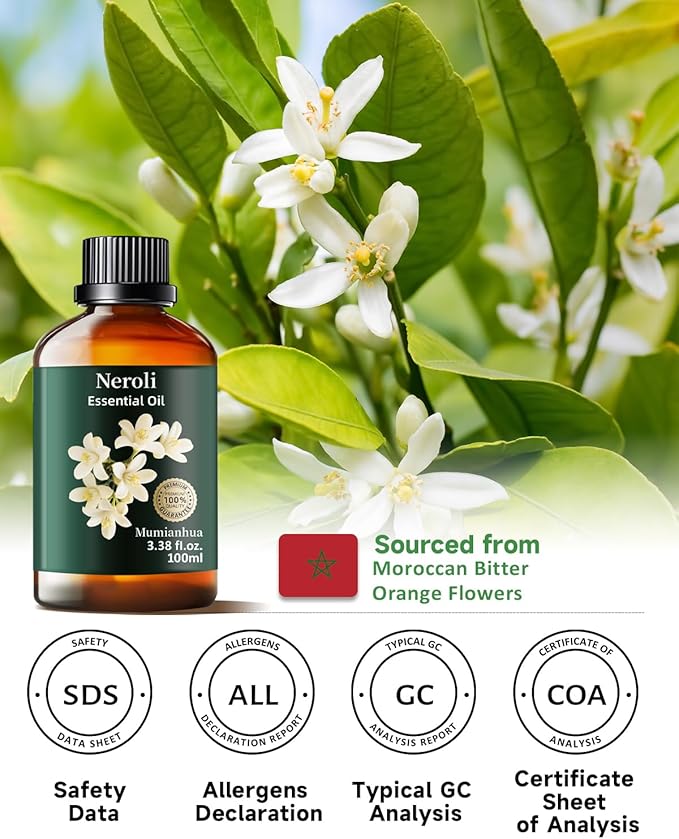 Neroli Essential Oil, Pure Neroli Oil Mumianhua Natural Orange Blossom Oil for Diffuser, Room Spray, Perfume & Women's Cologne | Citrus Floral for Aromatherapy, Candle & Soap Making 3.38 Fl Oz