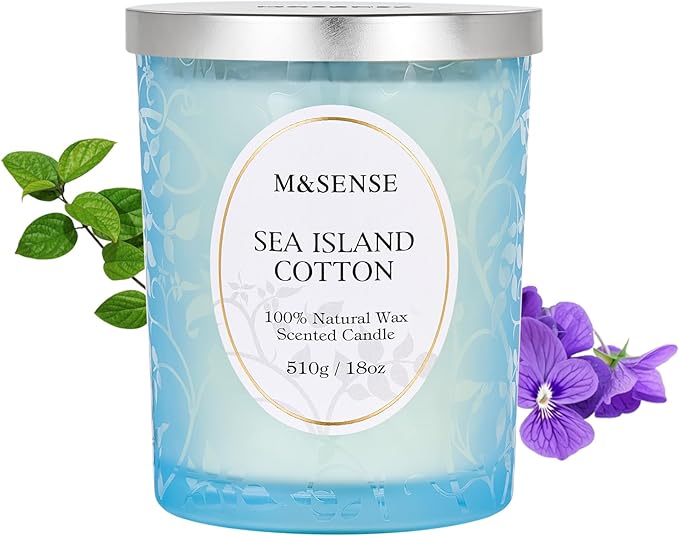 M&SENSE Sea & Cotton Scented Candle, Cracking Wooden Wick Soy Wax, 18oz 100 Hours Long Lasting Clean Burn, Large Summer Candles for Home Decor, Non-Toxic Relaxing Aromatherapy Gifts for Women