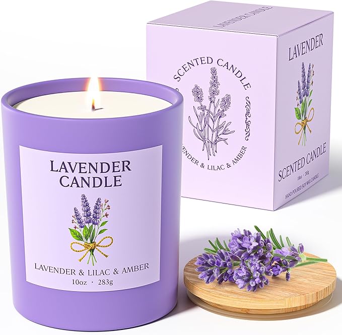 NORVENCE Lavender Candle, Lavender Scented Candles for Women, 10oz Soy Candles with Bamboo Lid for Home Scented, Birthday Gifts for Women and Men, Hand-Poured Candle for Relaxation, Home Decor