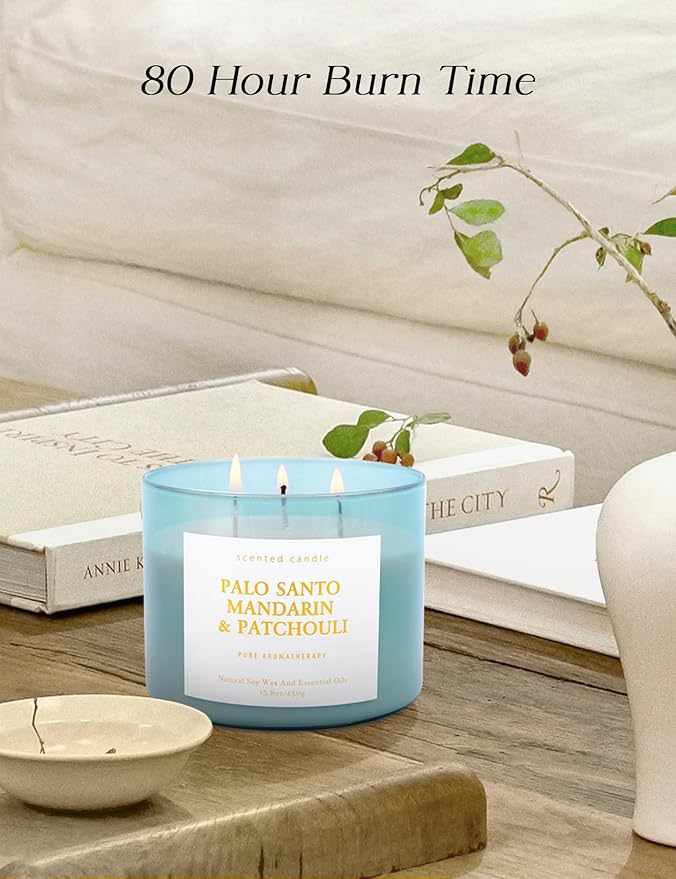 Palo Santo Mandarin Patchouli 3 Wick Candle - Large Soy Scented Candle 15.8 oz - Calming Home Aromatherapy Candle for Women & Men - Long Lasting Clean Burn - Stress Relief Candle