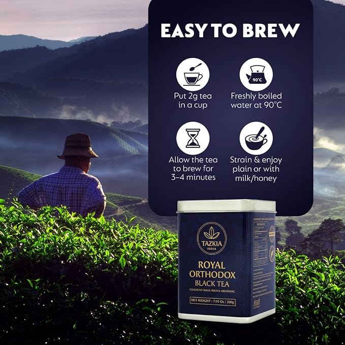 Tazkia Royal Orthodox Black Tea Loose Leaf – Premium Indian Black Tea, Rich Aroma & Bold Flavor, Freshly Harvested Whole Leaf Tea, Elegant Tin Pack, 7.05 oz