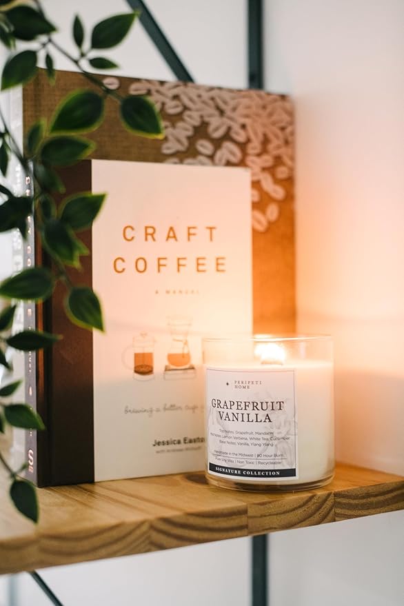 PERIPETI Home Grapefruit + Vanilla Soy Candle - Long-Lasting Scented Candle with a Wooden Wick for Relaxing Aromatherapy - 8.5oz Natural Wax for Home, Spa, or Gift