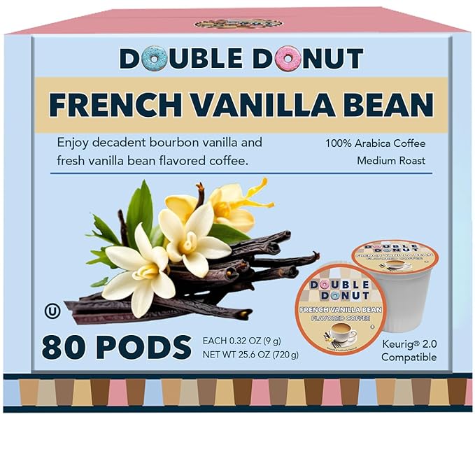French Vanilla Coffee Medium Roast Flavored Coffee Pods for Keurig K Cups Makers from Double Donut, 80 Count (Pack of 1)
